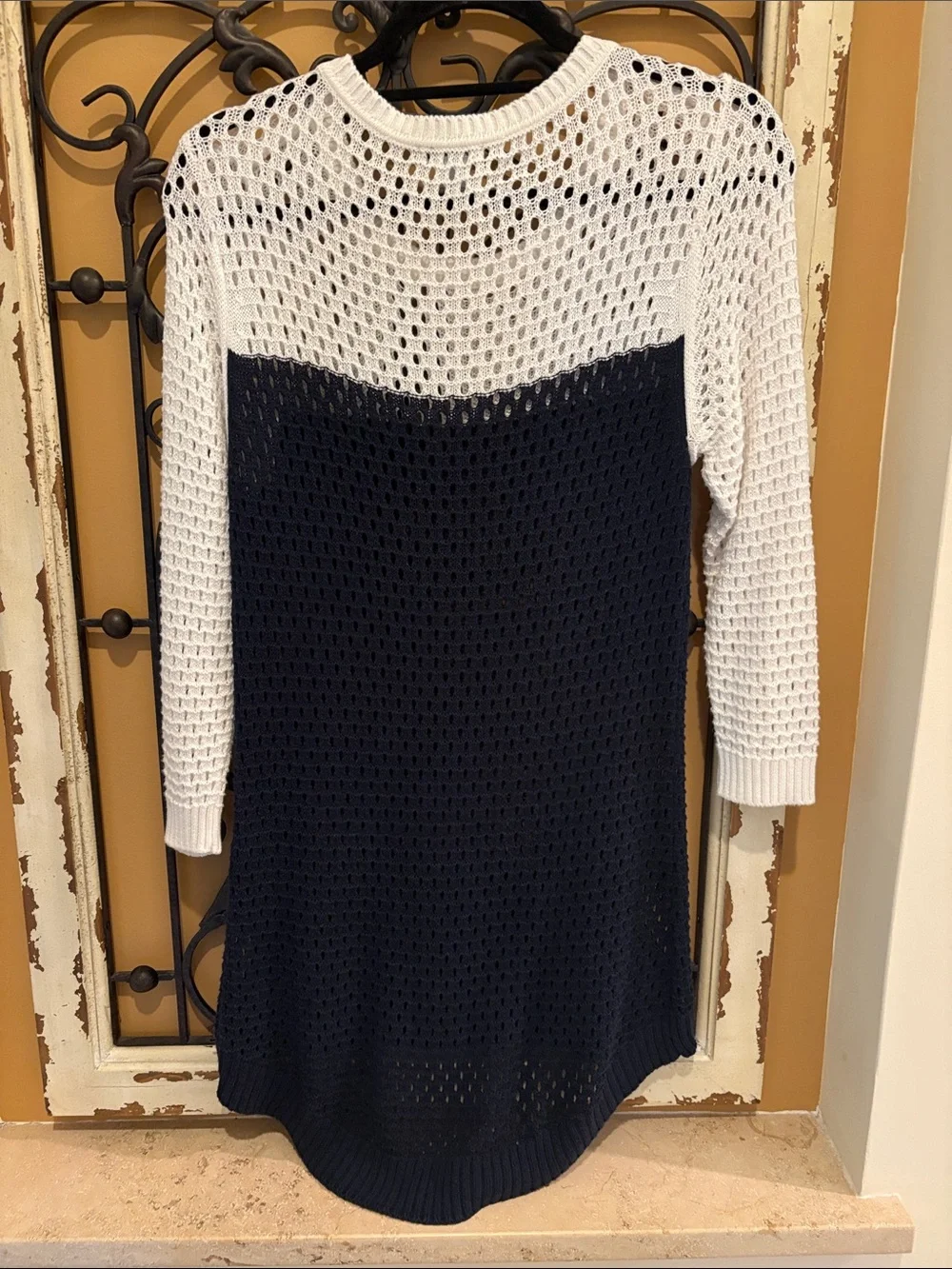 Cache Navy and White Open-Knit Crewneck Sweater